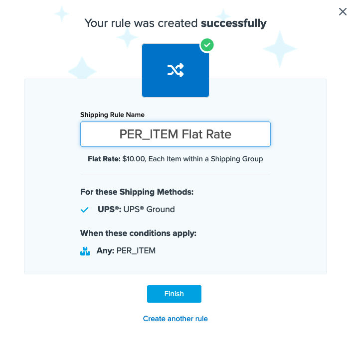 Example showing summary of the shipping rule before clicking on Finish to complete the setup.