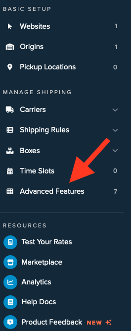 Click Advanced Features from ShipperHQ menu to view all features.