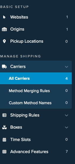 Locate the carriers link from the ShipperHQ Dashboard navigation menu