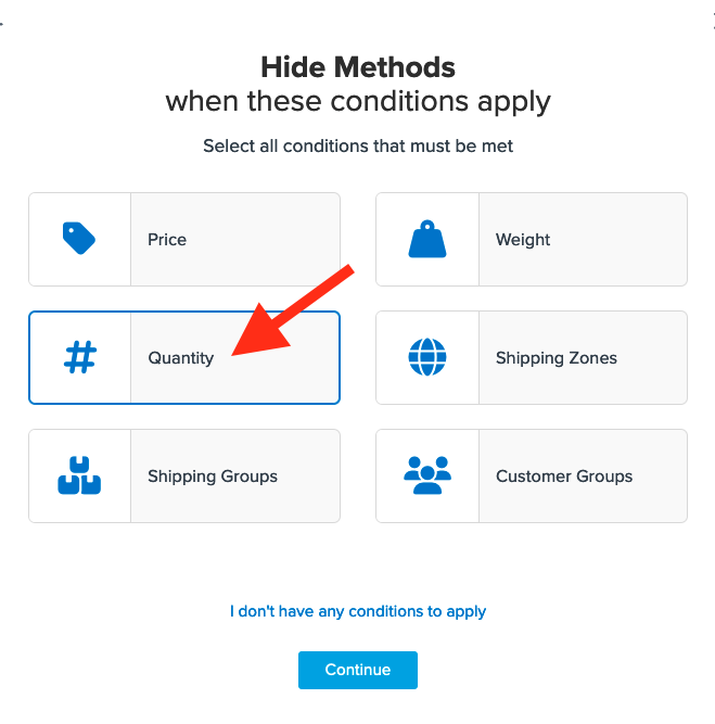 Location to select Quantity as a condition for the rule.