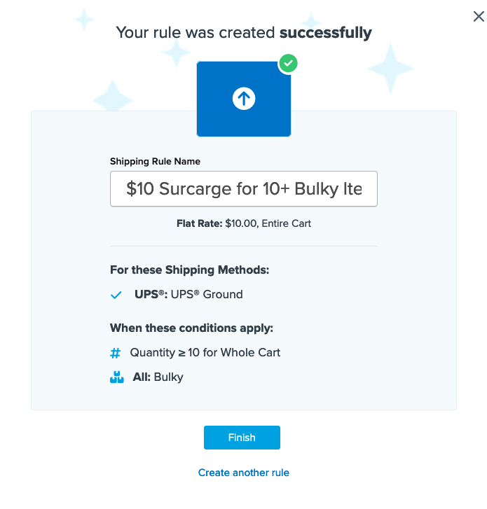 Example showing summary of the shipping rule before you click on Finish and complete the set up.