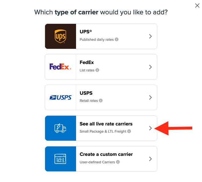 Click on See all live rate carriers to select the carrier you want to configure.