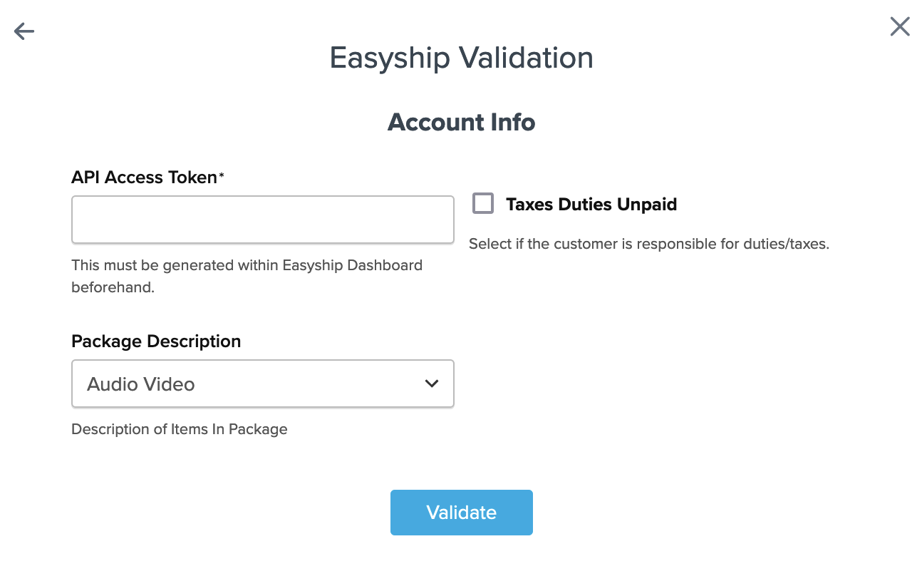 Enter Easyship account details to complete setup