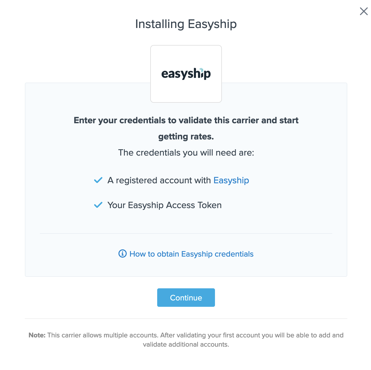 Continue to complete Easyship setup in ShipperHQ