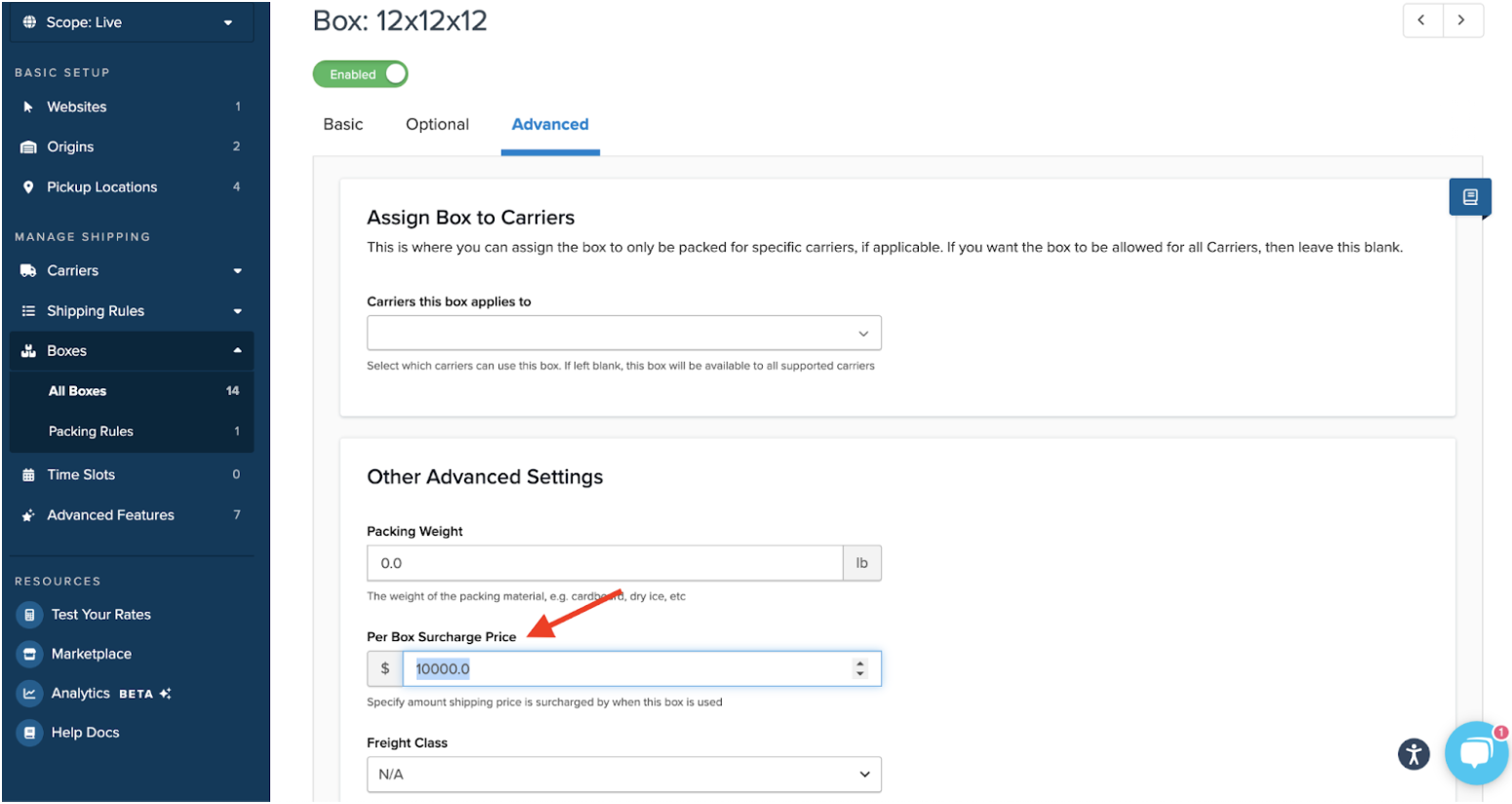 Check for any surcharges associated with specific boxes that might increase shipping costs. To view any added surcharges on your boxes, click into the box and navigate to the Advanced tab. Locate the Per Box Surcharge Price field under Other Advanced Settings.