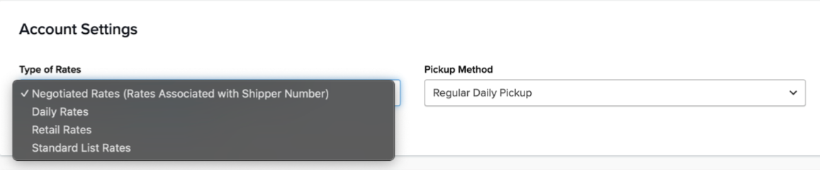 To view your selected rate type, navigate to Carriers > select the carrier > Account Settings on the first, or “Basic” tab.