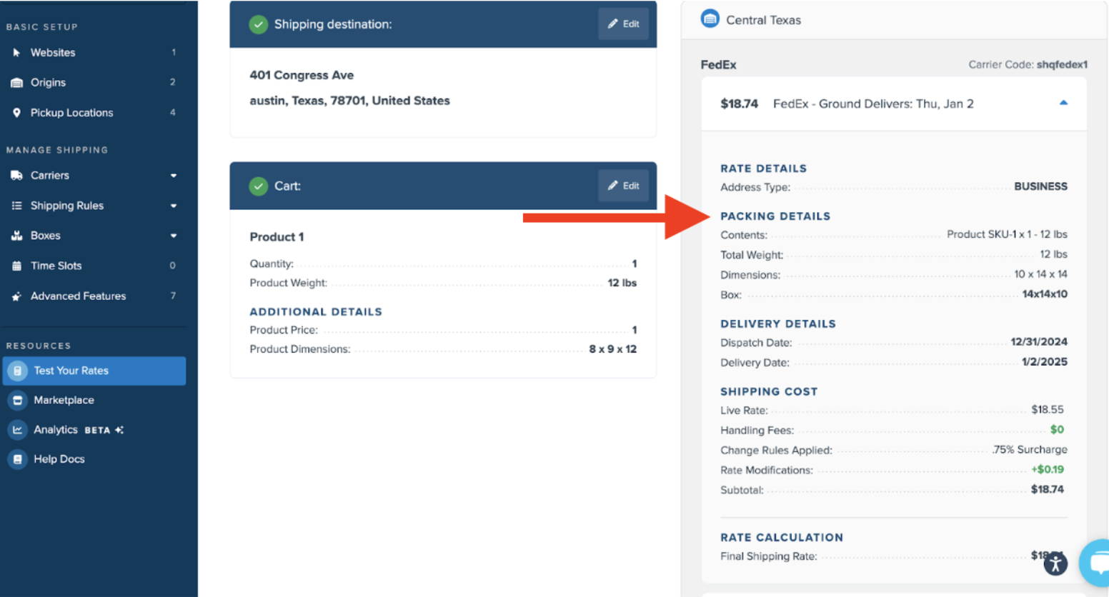 To view which boxes are being selected, you can use the Test Your Rates calculator in ShipperHQ and expand the results to view the dims you entered and the box(es) listed.