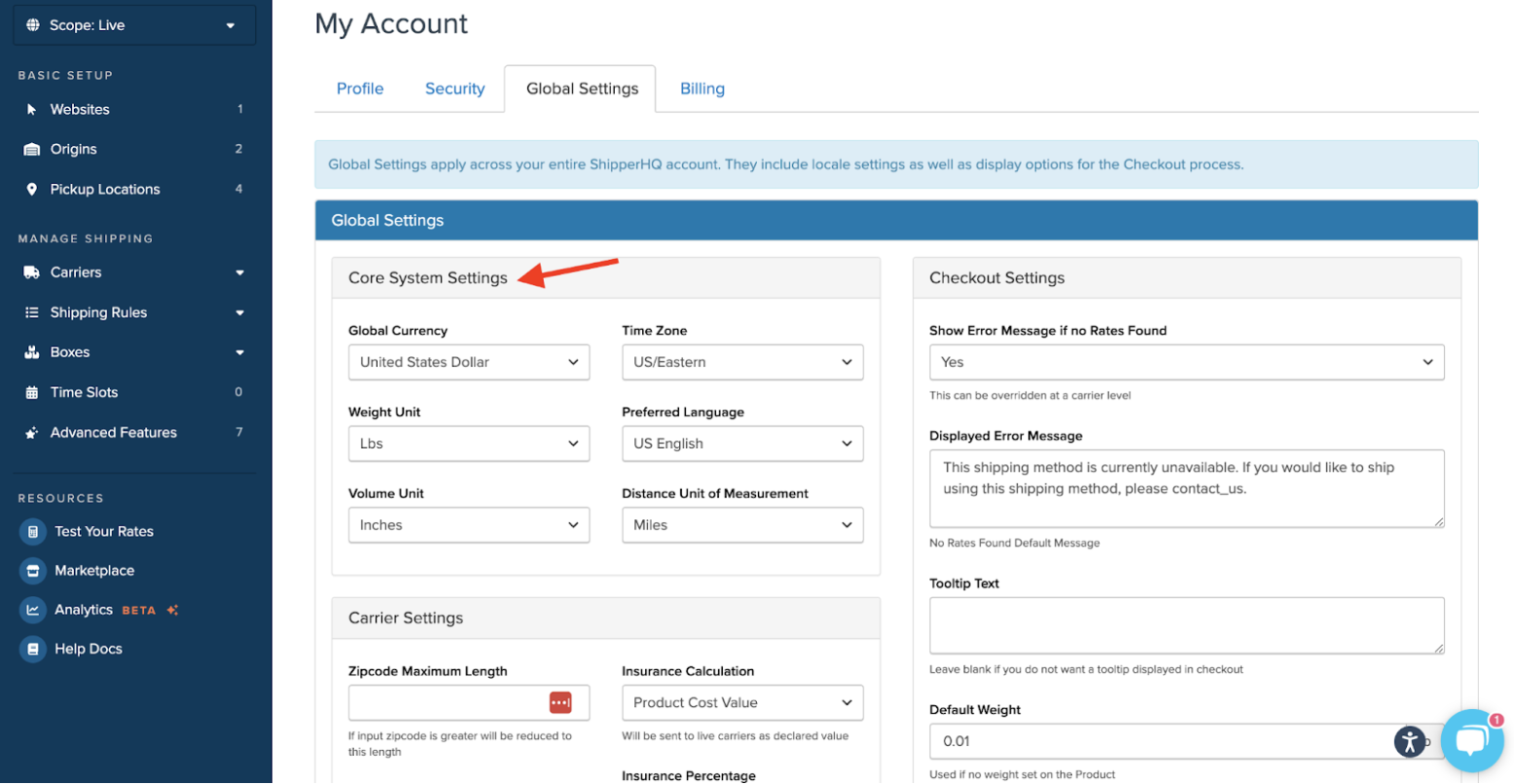 Once inside the Global Settings section, locate the Core System Settings to review weights and measures currently being used. Adjust these as needed using the corresponding drop-down menus to ensure they match the weights and measures being used in your eCommerce platform.